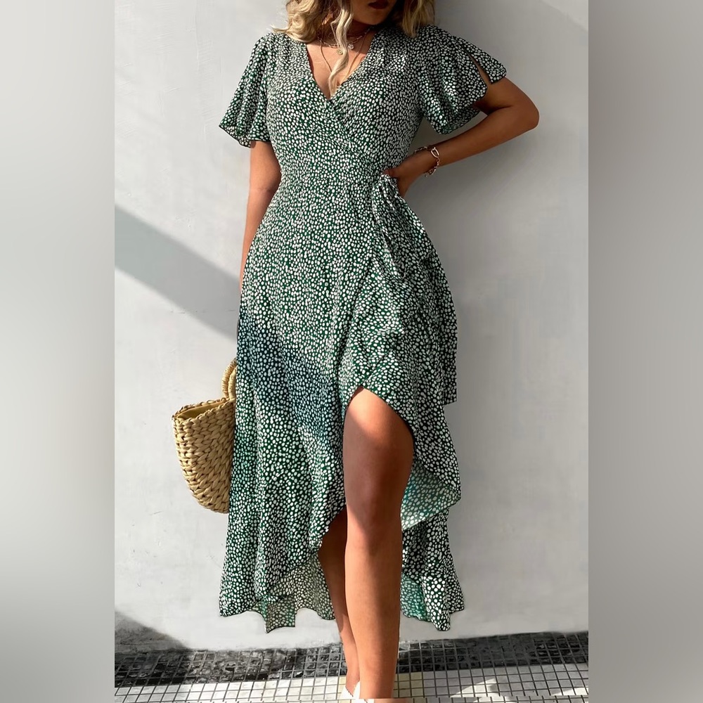 Flared Sleeve V-Neck Wrap Dress